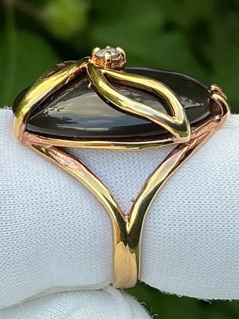 Vintage Seta Oval Black Onyx & Crystal Gold Plated Statement Ring Size 6